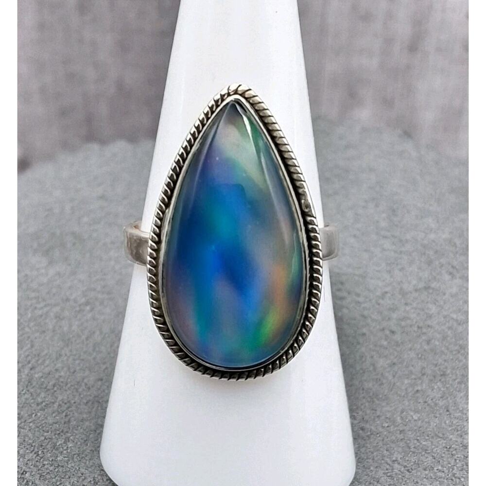 Large Pear Aurora Opal Ring Sterling Silver Southwestern Style Size 8 Statement